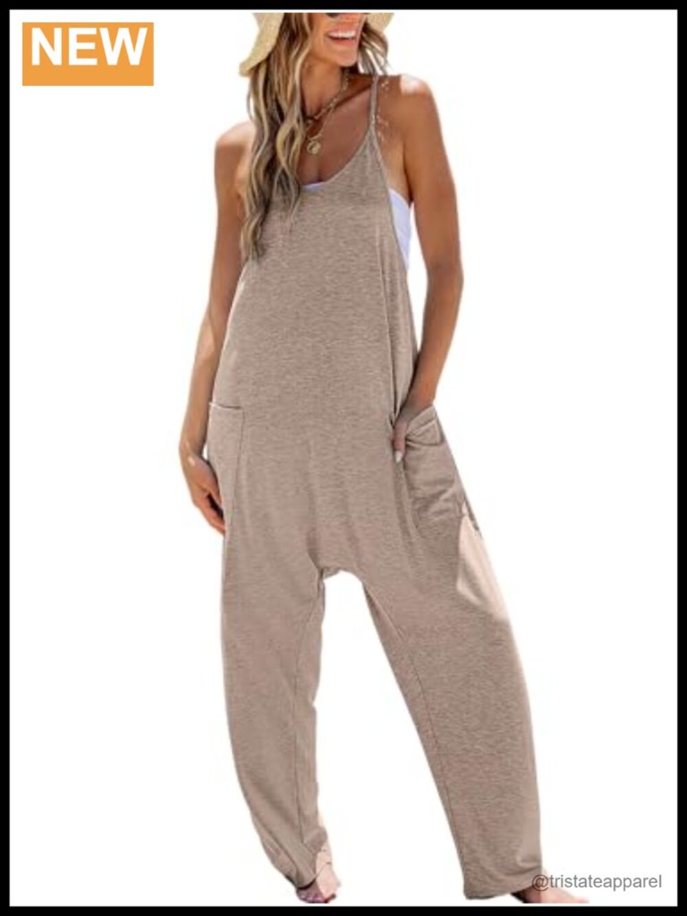 Women's Sleeveless Scoop Neck Wide Leg Knit Maxi Jumpsuit with Pockets